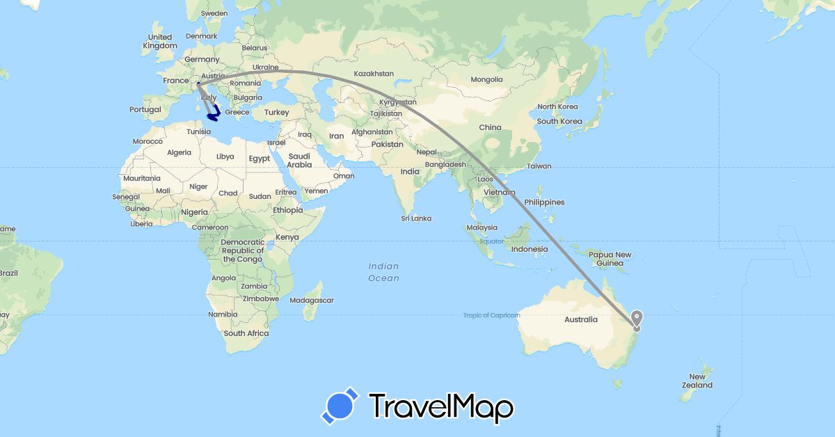 TravelMap itinerary: driving, plane, boat in Australia, Italy (Europe, Oceania)